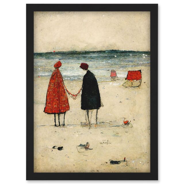 Artery8 Perfect Day For A Walk Couple Beach Scene Artwork Framed Wall Art Print A4 in Black - image 1