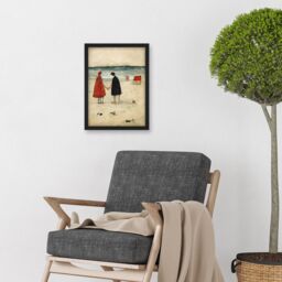 Artery8 Perfect Day For A Walk Couple Beach Scene Artwork Framed Wall Art Print A4 in Black - thumbnail 2