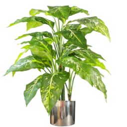 Leaf Artificial 100cm Large Fox's Aglaonema Realistic Tree Artificial Plant with Silver Metal Planter in Green - thumbnail 1