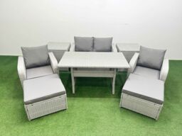Fimous Light Grey PE Wicker Rattan Garden Furniture Set Sofa Set Reclining Chair Rectangular Dining Table 6 Seater 2 Big Stools 2 Side Table - thumbnail 2