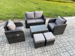 Fimous Wicker PE Rattan Outdoor Furniture Set Garden Love Sofa Coffee Table 2 Armchair 2 Small Footstools Dark Grey Mixed - thumbnail 2