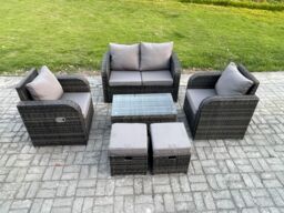 Fimous Wicker PE Rattan Outdoor Furniture Set Garden Love Sofa Coffee Table 2 Armchair 2 Small Footstools Dark Grey Mixed - thumbnail 1