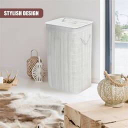 Nordara Rectangular Bamboo Laundry Basket with Lid & Liner in White - Size: Large - thumbnail 3