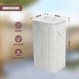 Nordara Rectangular Bamboo Laundry Basket with Lid & Liner in White - Size: Large - thumbnail 2