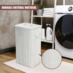 Nordara Rectangular Bamboo Laundry Basket with Lid & Liner in White - Size: Large - thumbnail 4