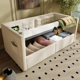 Rolipo 3FT Single Velvet Daybed with Hydraulic Storage & USB, Beige - thumbnail 6
