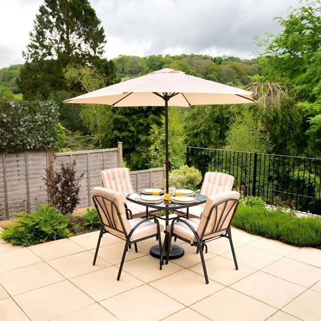 Hectare 4 Seater Rattan Patio Dining Set with Parasol Reversible Cushions in Beige - image 1