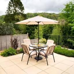 Hectare 4 Seater Rattan Patio Dining Set with Parasol Reversible Cushions in Beige - thumbnail 1
