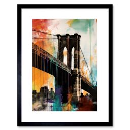 "Artery8 Wall Art Print Under the Brooklyn Bridge Multicoloured Cityscape Artwork Framed 9X7 Inch in Black - Size: W7"" x H9""" - thumbnail 1