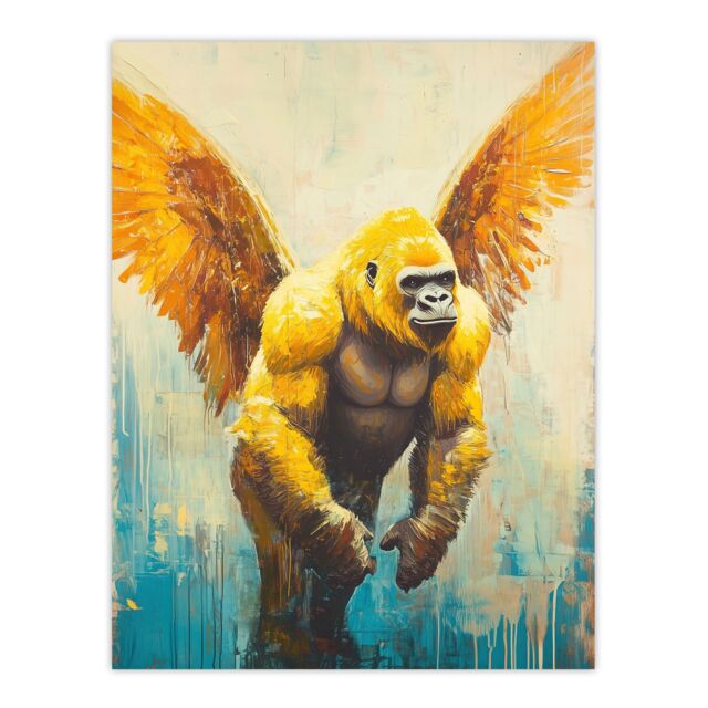 "Artery8 Golden Yellow Gorilla Angel Wings Oil Painting Wall Art Print - Size: W18"" x H24""" - image 1