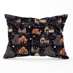 Warren Reed - Designer Spooky Haunted Houses Pattern Cushions in Brown - Size: 60 cm x 60 cm - thumbnail 1