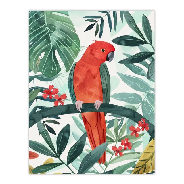 "Artery8 Red Parakeet Bird in Tropical Jungle Watercolour Wall Art Print in Green - Size: W24"" x H32""" - image 1