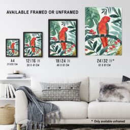 "Artery8 Red Parakeet Bird in Tropical Jungle Watercolour Wall Art Print in Green - Size: W24"" x H32""" - thumbnail 3