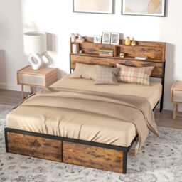 HOMCOM Bed Frame with Storage Headboard & Under Bed Storage in Brown - Size: Double - thumbnail 2