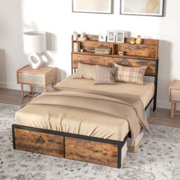 HOMCOM Bed Frame with Storage Headboard & Under Bed Storage in Brown - Size: Double - thumbnail 1