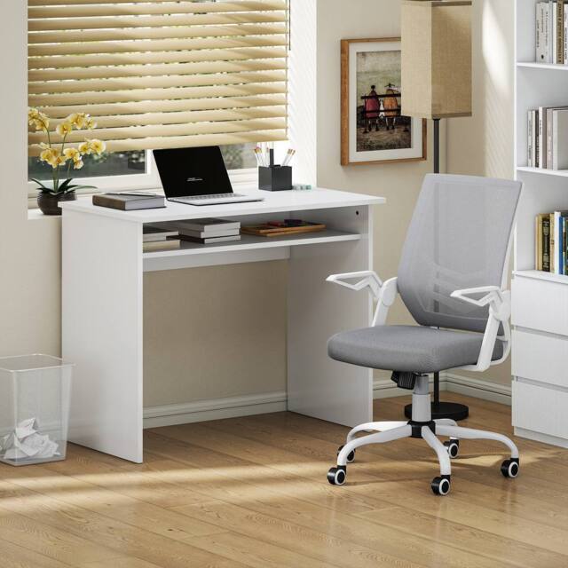 HOMCOM Home Office Desk & Ergonomic Mesh Chair Set with Shelf Lumbar Support in White - image 1