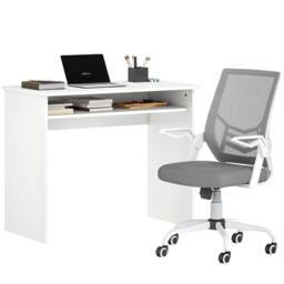 HOMCOM Home Office Desk & Ergonomic Mesh Chair Set with Shelf Lumbar Support in White - thumbnail 2