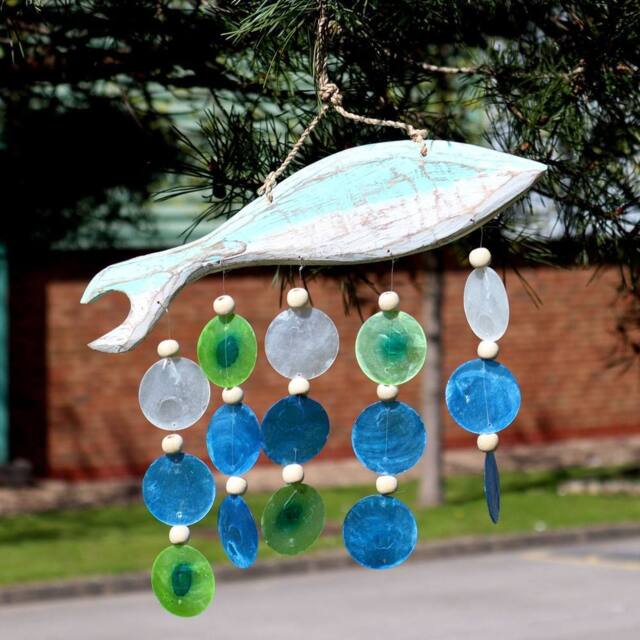 Serenityy Aqua Fish Carving & Copis Drop - Driftwood Blue Garden Ornament - image 1