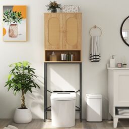 Costway 175 cm Freestanding Toilet Cabinet Over The Toilet Storage Cabinet with Rattan Doors in Natural - thumbnail 4