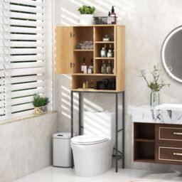 Costway 175 cm Freestanding Toilet Cabinet Over The Toilet Storage Cabinet with Rattan Doors in Natural - thumbnail 3