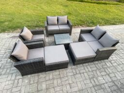 Fimous Rattan Outdoor Garden Furniture Sofa Set Table & Chairs with 2 Big Footstool Dark Grey Mixed - thumbnail 2