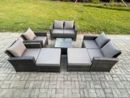 Fimous Rattan Outdoor Garden Furniture Sofa Set Table & Chairs with 2 Big Footstool Dark Grey Mixed - thumbnail 1