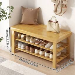 VOGREX Freestanding Bamboo Shoe Rack Bench Hallway Storage in Beige - thumbnail 2