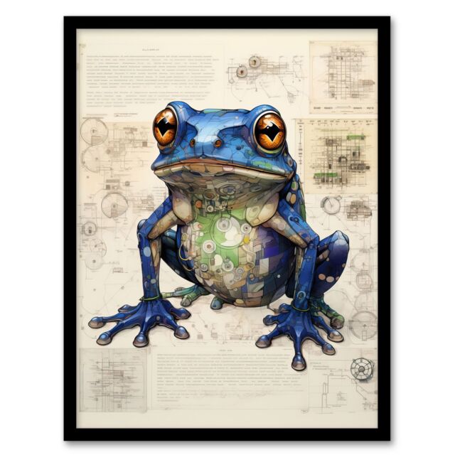 Artery8 Wall Art Print Frog Robot Hybrid Secret Military Schematic Blue Futuristic Complex Arcane Manuscript Gift For Him Man Cave Art Framed - image 1