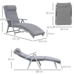 OUTSUNNY Sun Lounger Steel Frame Outdoor Folding Chaise Texteline Lounge Chair Recliner with Headrest & 7 Levels Adjustable Backrest in Grey - thumbnail 3