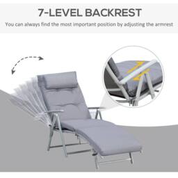OUTSUNNY Sun Lounger Steel Frame Outdoor Folding Chaise Texteline Lounge Chair Recliner with Headrest & 7 Levels Adjustable Backrest in Grey - thumbnail 4