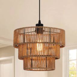 NIVOR 1 Light Boho Chandelier Light Fixture, Farmhouse Rattan Pendant Light in Brown