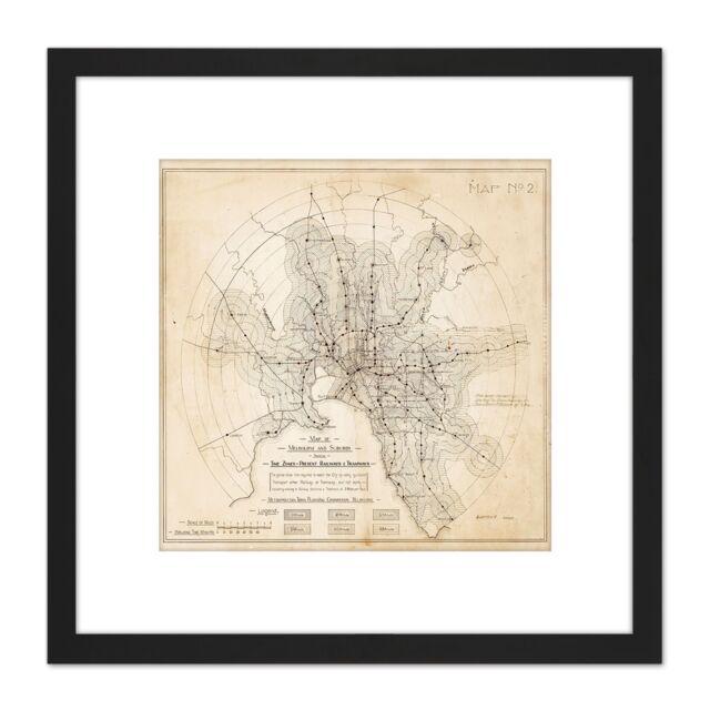 Artery8 Map Transport Mmtb 1922 Melbourne Trams Trains Replica 8X8 Inch Square Wooden Framed Wall Art Print Picture with Mount in Black - image 1