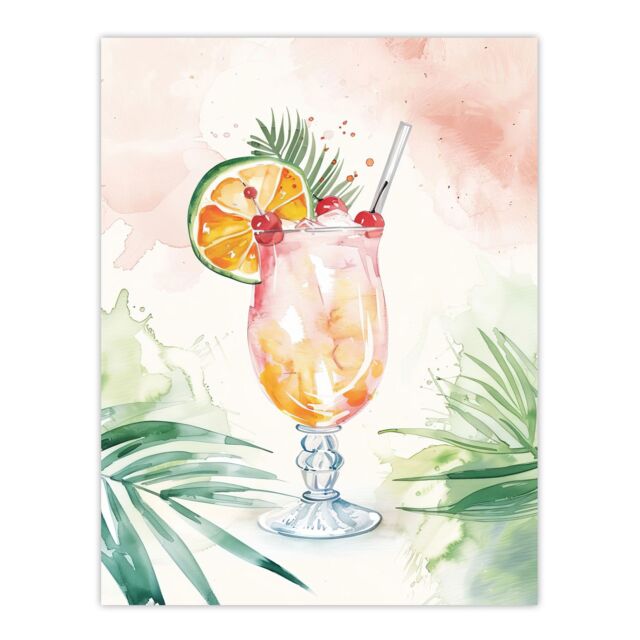 "Artery8 Tropical Mai Tai Cocktail Modern Watercolour Wall Art Print - Size: W24"" x H32""" - image 1