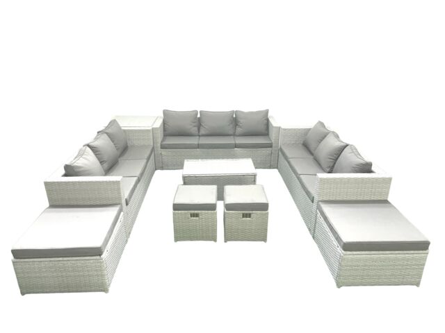 Fimous 9 Pieces Rattan Garden Furniture Set Outdoor Garden Sofa Coffee Table Set with Side Table 4 Footstools Light Grey Mixed - image 1