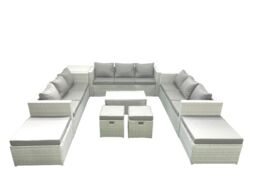 Fimous 9 Pieces Rattan Garden Furniture Set Outdoor Garden Sofa Coffee Table Set with Side Table 4 Footstools Light Grey Mixed - thumbnail 2