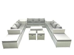 Fimous 9 Pieces Rattan Garden Furniture Set Outdoor Garden Sofa Coffee Table Set with Side Table 4 Footstools Light Grey Mixed - thumbnail 1