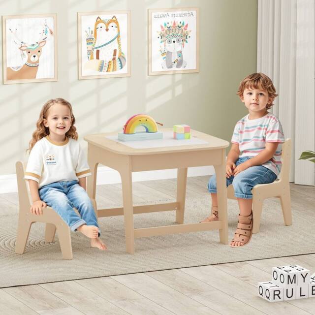 Costway Toddler Writing Double-sized Table 3 Pcs Kids Table & Chair Set in Natural - image 1