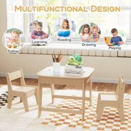 Costway Toddler Writing Double-sized Table 3 Pcs Kids Table & Chair Set in Natural - thumbnail 8