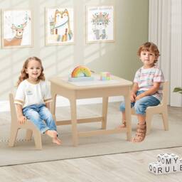 Costway Toddler Writing Double-sized Table 3 Pcs Kids Table & Chair Set in Natural - thumbnail 1
