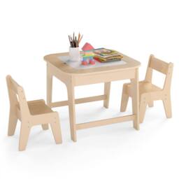 Costway Toddler Writing Double-sized Table 3 Pcs Kids Table & Chair Set in Natural - thumbnail 3