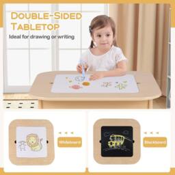 Costway Toddler Writing Double-sized Table 3 Pcs Kids Table & Chair Set in Natural - thumbnail 6