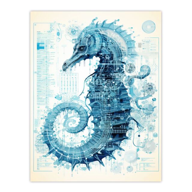 Artery8 Seahorse Robot Hybrid Schematic Blueprint Futuristic Secret Complex Arcane Manuscript Gift For Him Man Cave Unframed Wall Art Print Poster - image 1