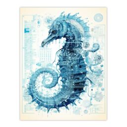Artery8 Seahorse Robot Hybrid Schematic Blueprint Futuristic Secret Complex Arcane Manuscript Gift For Him Man Cave Unframed Wall Art Print Poster - thumbnail 1