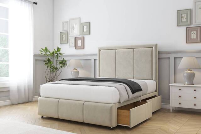 "Sloomy Lancaster Plush Divan Set No Drawers-26"" Headboard-Footboard in Cream - Size: Small Double" - image 1
