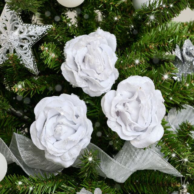 Melody Maison Set Of 3 White Velvet Glitter Rose Clip Christmas Decoration - 10cm - image 1