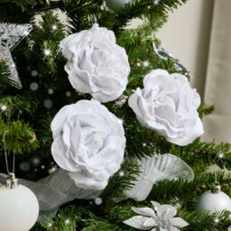 Melody Maison Set Of 3 White Velvet Glitter Rose Clip Christmas Decoration - 10cm - thumbnail 4