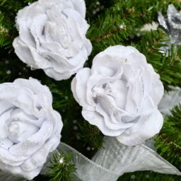 Melody Maison Set Of 3 White Velvet Glitter Rose Clip Christmas Decoration - 10cm - thumbnail 6