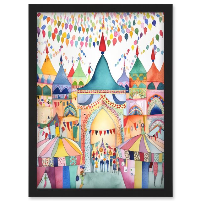Artery8 Festival Folk Art Watercolour Painting Artwork Framed Wall Art Print A4 in Black - image 1
