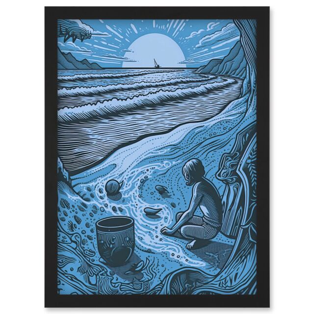 Artery8 Beachcombing Coastal Landscape Blue Illustration Artwork Framed Wall Art Print A4 in Black - image 1