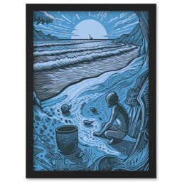 Artery8 Beachcombing Coastal Landscape Blue Illustration Artwork Framed Wall Art Print A4 in Black - thumbnail 1